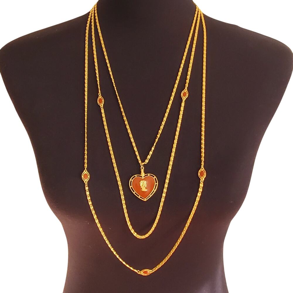 Goldette Gold Tone Necklace Heart Reversible Charm Pendant Enamel Triple Strand